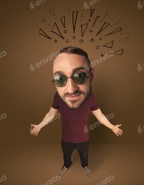 Preview: Funny Guy With Big Head And Drawn Exclamation Marks Over It