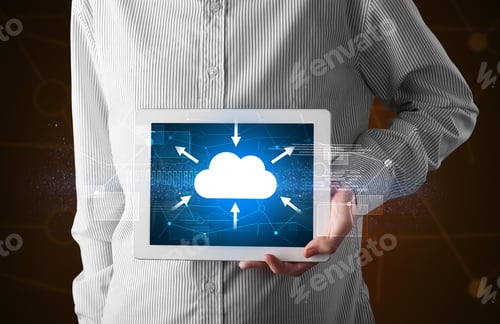 Preview: Casual Businessman Holding Tablet With Cloud Concept