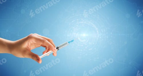 Preview: Female Doctor Hand Holding Syringe With Blue Background And Shine
