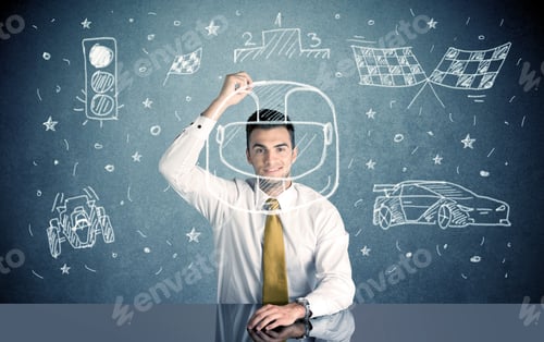 Preview: Man Draws Racing Helmet with Chalk Board Car Images