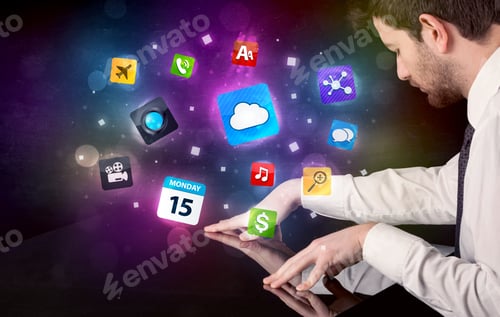 Preview: Male Hands Touching Interactive Table With Colorful Application Icons On It
