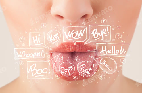 Preview: Beautiful Red Lips With White Speech Bubbles Close Up