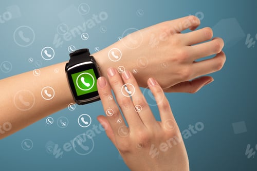 Preview: Female Handwearing A Ringing Smartwatch With Call Icons Around