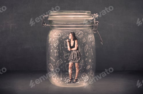 Preview: Business Woman Captured In Glass Jar With Hand Drawn Media Icons Concept On Background