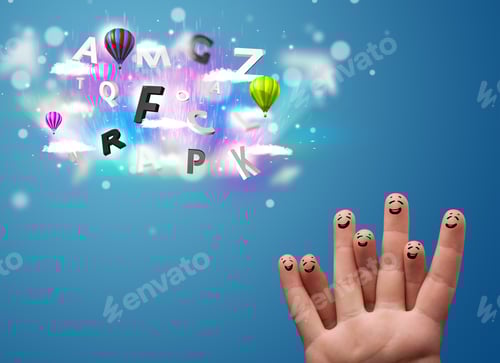 Preview: Happy Cheerful Smiley Fingers Looking At Colorful Magical Clouds And Balloons Illustration