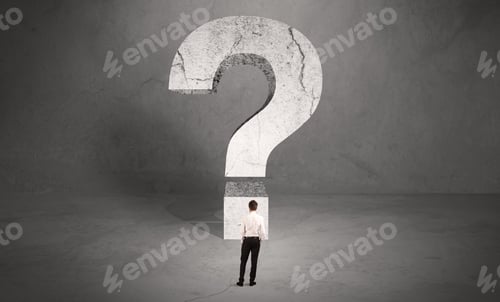 Preview: A Small Elegant Business Person In Suit Standing With His Back In Front Of A Huge Question Mark In