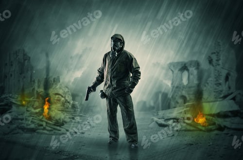 Preview: Destroyed Place After A Catastrophe With Man In Gas Mask And Weapon On His Hand