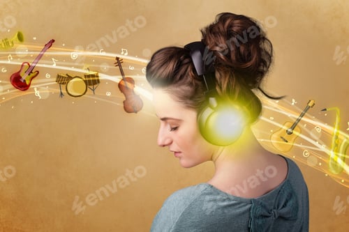 Preview: Pretty Young Woman With Headphones Listening To Music, Instruments Concept