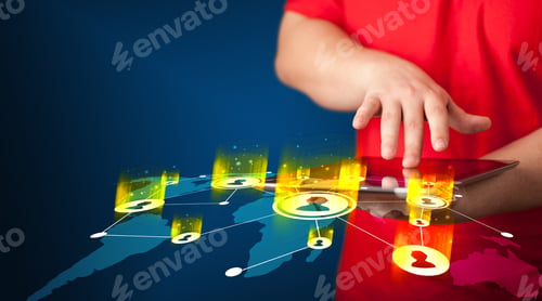 Preview: Hand Holding Tablet Device With Social Network Map Concept On Background