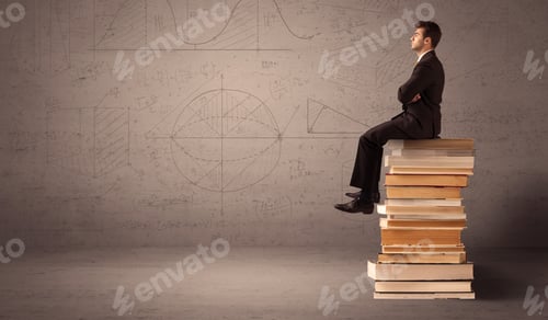 Preview: A Serious Businessman In Suit Sitting On A Pile Of Giant Books In Front Of A Greyish Brown Wall