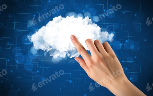 Preview: Female Hand Touching Cloud With Blue Background