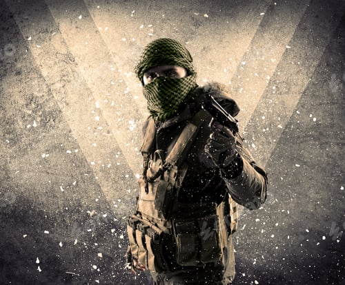 Preview: Portrait Of A Dangerous Masked Armed Soldier With Grungy Light Background