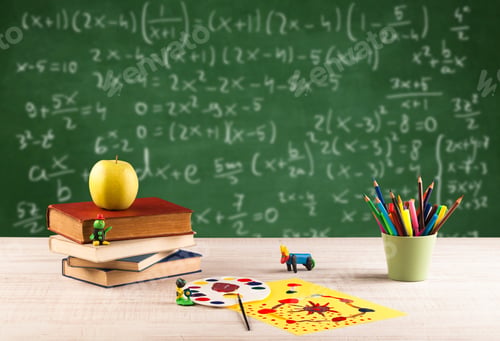 Preview: Back To School Concept With Long Numbers Calculation On Blackboard And A Desk With Books, Fruit