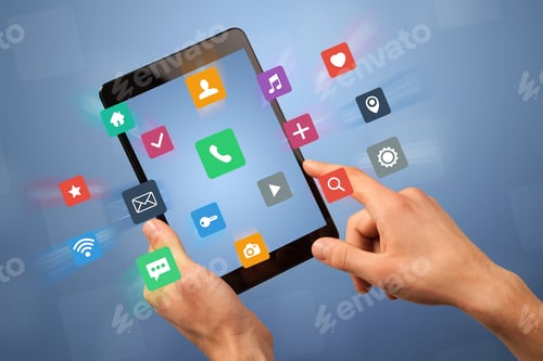 Preview: Female Fingers Touching Tablet With Colorful Applications