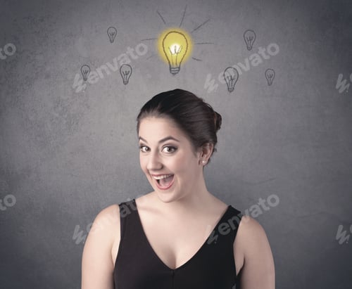 Preview: A Teen Student Girl With Funny Facial Expression Has A Good Idea Illustrated By A Drawn Light Bulb