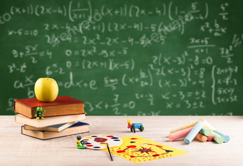 Preview: Back To School Concept With Long Numbers Calculation On Blackboard And A Desk With Books, Fruit