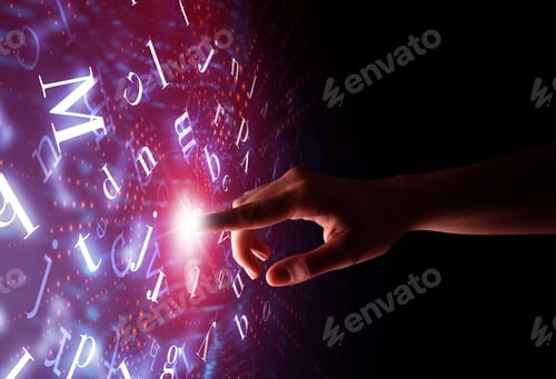 Preview: Female Finger Touching A Beam Of Light Surrounded By A Pink Background With Alphabet Letters