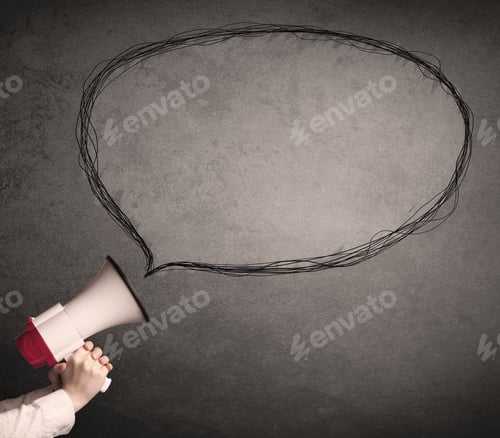 Preview: Caucasian Business Hand Holding Megaphone With Drawn Empty Speech Bubble