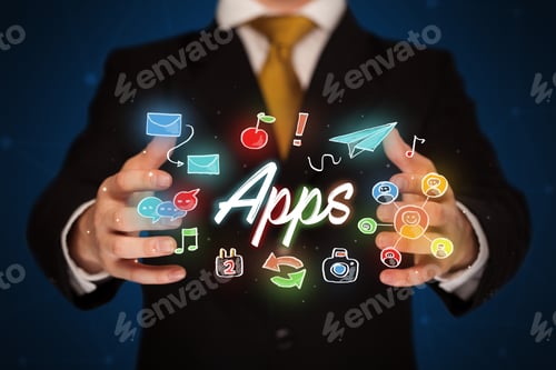 Preview: Businessman With Drawn Application Icons And Symbols In His Hands