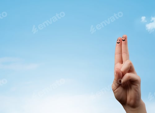 Preview: Happy Cheerful Smiley Fingers Looking At Clear Blue Sky Copyspace