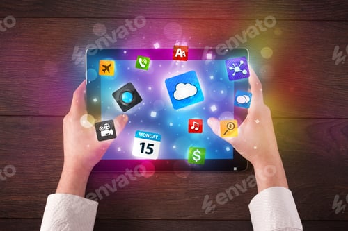 Preview: Caucasian Business Hands Holding And Working On Tablet