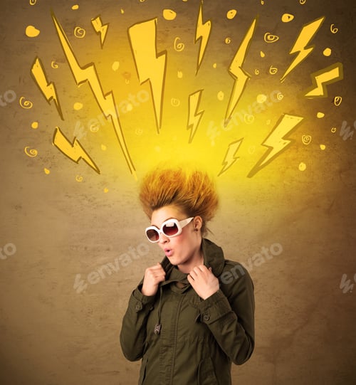 Preview: Young Woman With Hair Style And Hand Drawn Lightnings Concept On Background