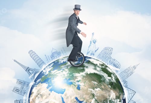 Preview: Man Riding Unicycle Around The Globe With Major Cities Concept