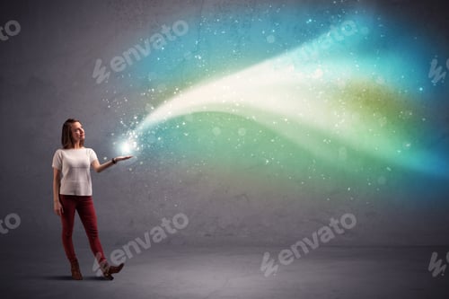 Preview: Caucasian Woman Holding Blue, White, Green Coloured Stria Of Light