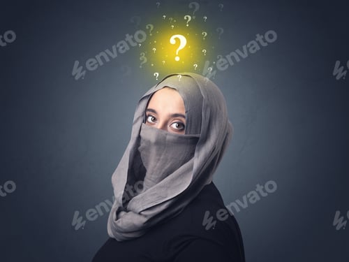 Preview: Young Muslim Woman Wearing Niqab With Yellow Question Marks Above Her Head