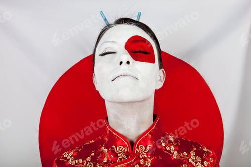 Preview: Japanese Woman In Asian Outfit With The Flag Behind