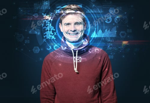 Preview: Facial Recognition System. Young Man On Dark Background, Face Recognition Concept
