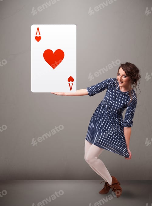 Preview: Beautifu Young Woman Holding A Red Heart Ace