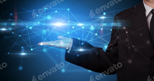 Preview: Handsome Person Holding Hologram Screen Displaying Modern Cloud Based Web System Technology