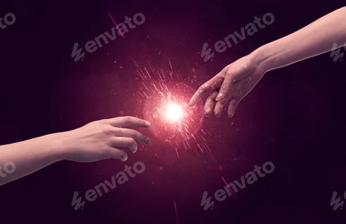 Preview: White Caucasian Male Hands Reaching Out With Fingers Almost Touching In Bright Red Light Sparkle In