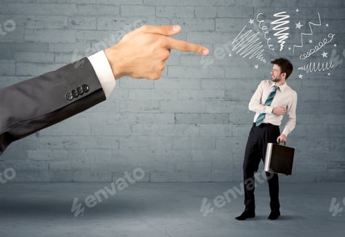 Preview: Boss Firing Employee Concept With A Huge Hand Pointing At Confused Business Person Illustrated By