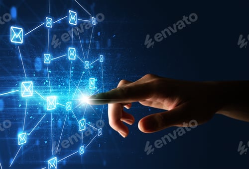 Preview: Female Finger Touching A Beam Of Light Surrounded By A Blue Graphic With Envelopes