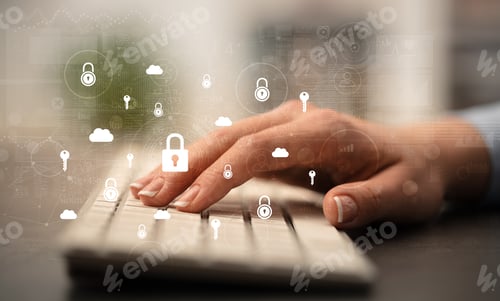 Preview: Business Woman Hand Typing On Keyboard With Secured Lock Concept Around