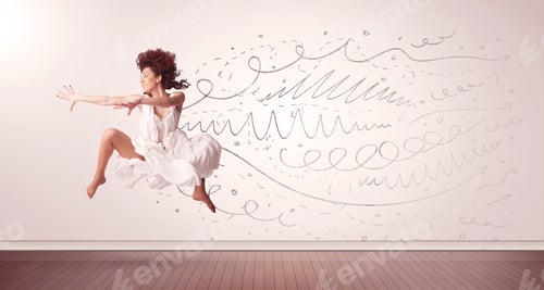 Preview: Pretty Woman Jumping With Hand Drawn Lines And Arrows Come Out Concept