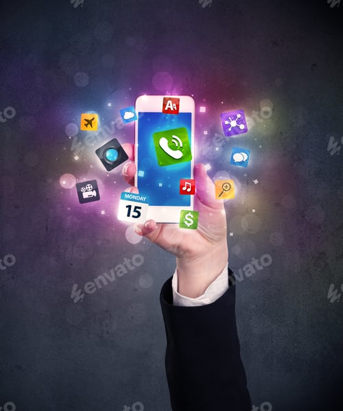Preview: Caucasian Hand In Business Suit Holding A Smartphone With Colorful Media Icons