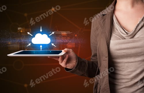 Preview: Casual Young Woman Holding Tablet With Cloud Concept