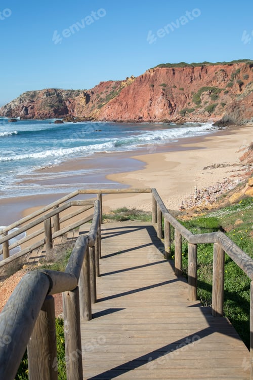 Preview: Wooden Staircase At Amado Beach; Algarve; Portugal