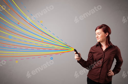 Preview: Happy Young Girl Holding A Phone With Colorful Abstract Lines