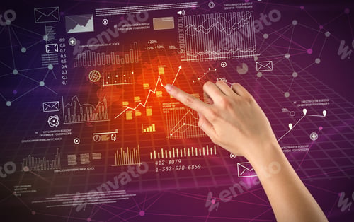Preview: Female Hand Touching Charts And Graphs On A Red And Purple Background