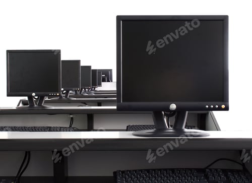 Preview: Many Black Computer Monitors in a Classroom