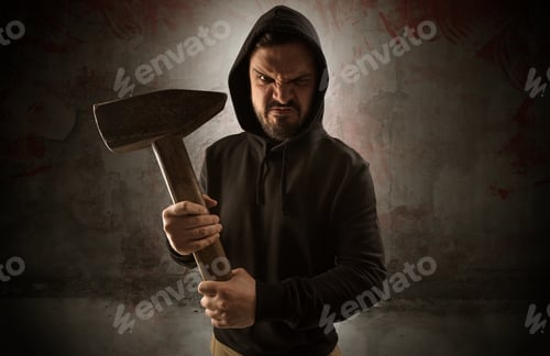 Preview: Armed Rude Assassin In An Empty Bloody Room Concept With Gun Ax Chainsaw Mallet Wrench