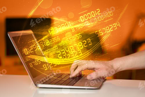 Preview: Man Typing On Modern Notebook With Future Number Technology Data Coming Out