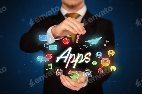Preview: Businessman With Drawn Application Icons And Symbols In His Hands
