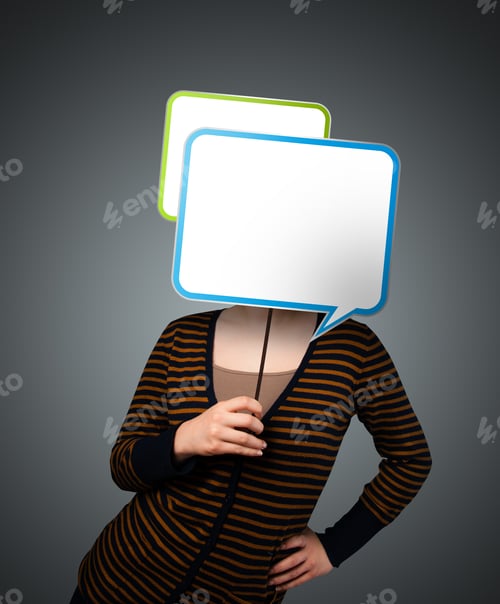 Preview: Young Lady Standing And Holding An Empty Speech Bubble In Front Of Her Head