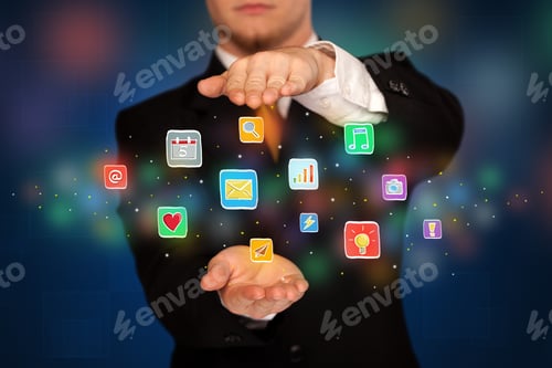 Preview: Elegant Businessman Holding Colorful Mixed Media Icons