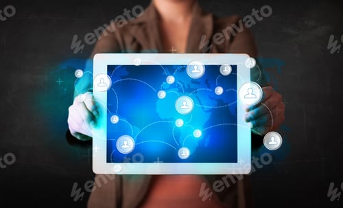 Preview: Young Person Holding Talbet With Earth Communication Technology Concept